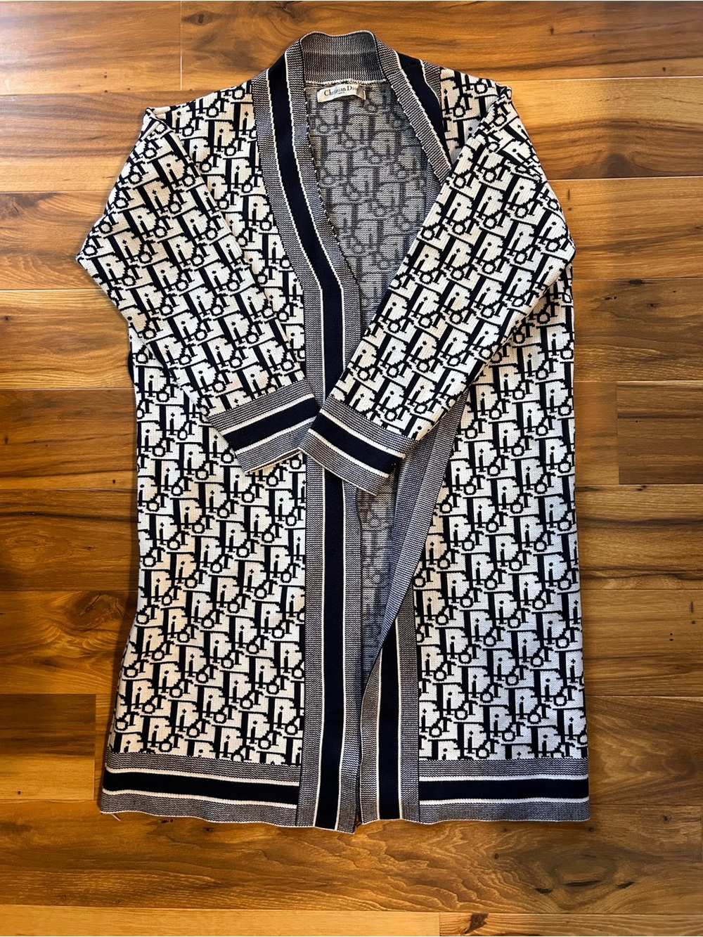 Dior Navy and Cream Logo-Print Knit Cardigan